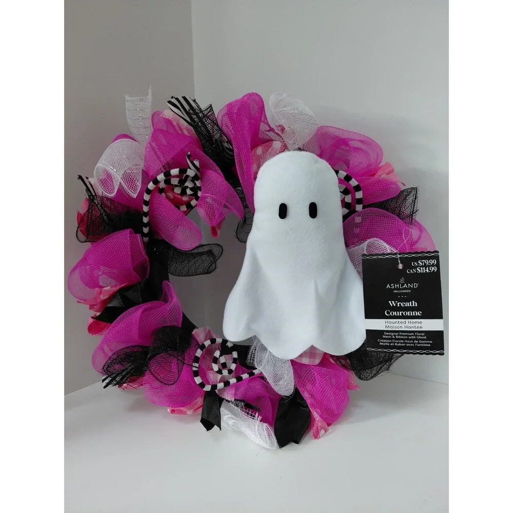 NWT Pink Black White Mesh Ribbon Ghost Halloween‎ Wreath 24